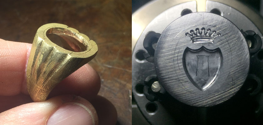 Disegno dell stemma araldico di partenza, piastrina da coniare e anello a scafo. 