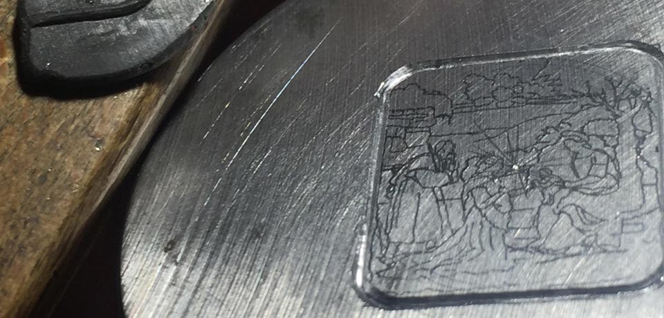 Coniatura. Si inizia a tracciare sul conio di acciaio il disegno da riprodurre