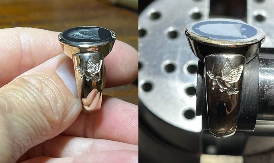 Disegno dello stemma araldico di partenza, piastrina da coniare e anello a scafo. 